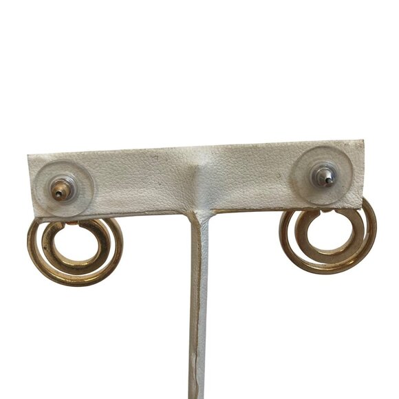 Gold Tone Circle Pendant Necklace Earring Set Rhinestone Inlay 24" S Chain - Picture 8 of 9